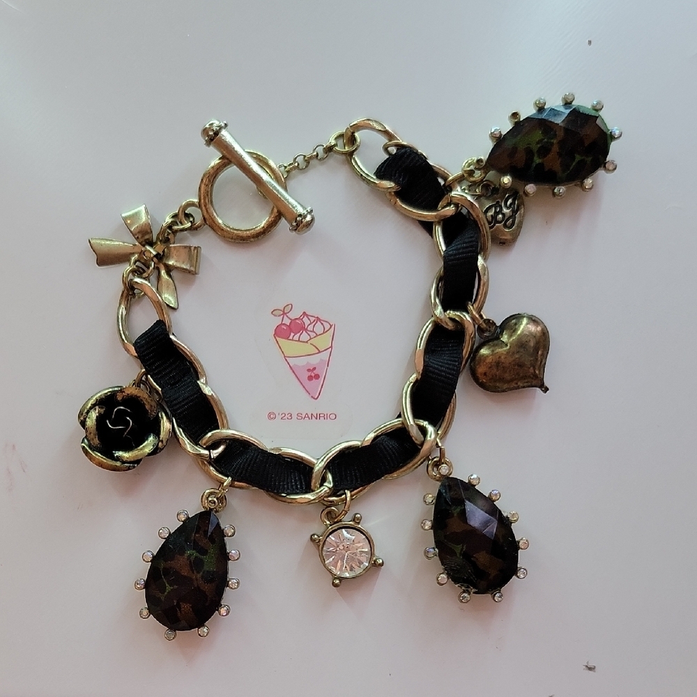 Betsey Johnson Gold and Black Charm Bracelet with Teardrop Crystals